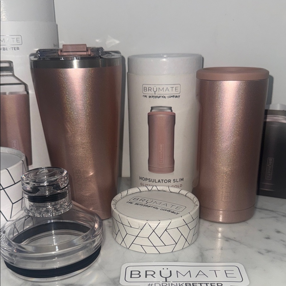 NWT Set BrüMate Glitter Rose Gold Shaker & Hopsulator Slim Set